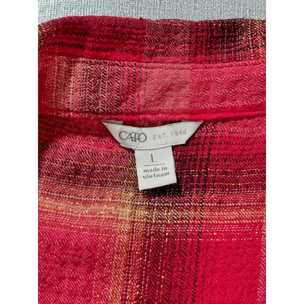 Cato Plaid Shirt Dress LG Red Gold Metallic Waffle Weave Long Sleeve - Picture 3 of 13